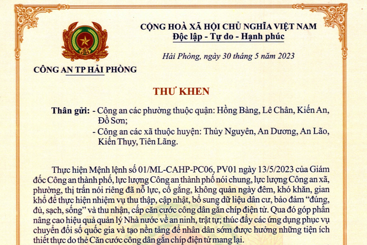 Giám đốc Công an thành phố gửi thư khen 47 Công an xã, phường